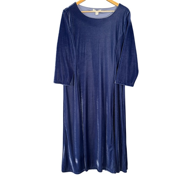 Coldwater Creek Dress Womens 1X Blue Velvet Midi Dress 3/4 Sleeve Party Holiday - Picture 1 of 10